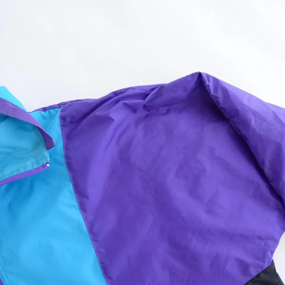 80S Active Spirit Purple Teal Zip Up Nylon W/ Hidden Hood Lined Windbreaker Coat - Picture 10 of 14